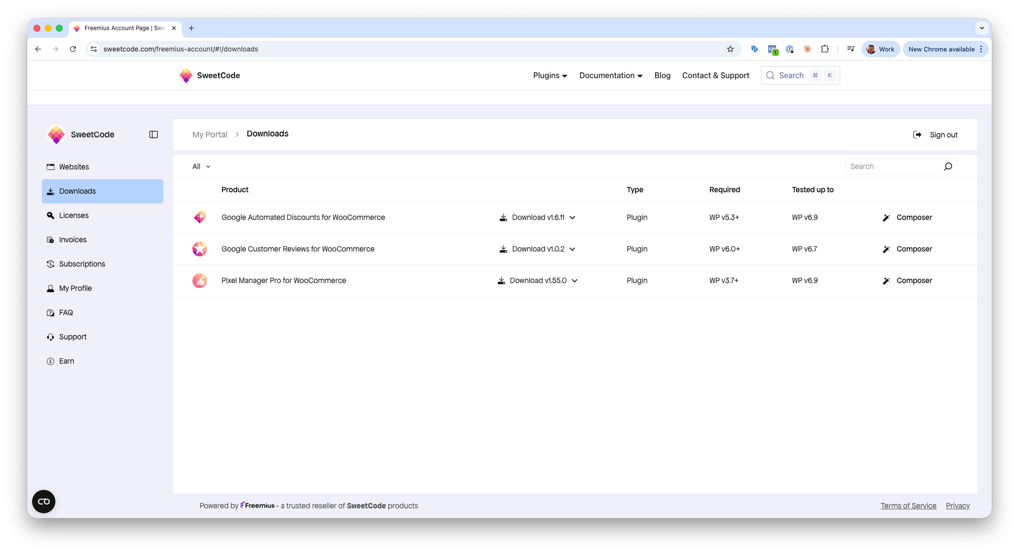 Downloads page with Composer buttons