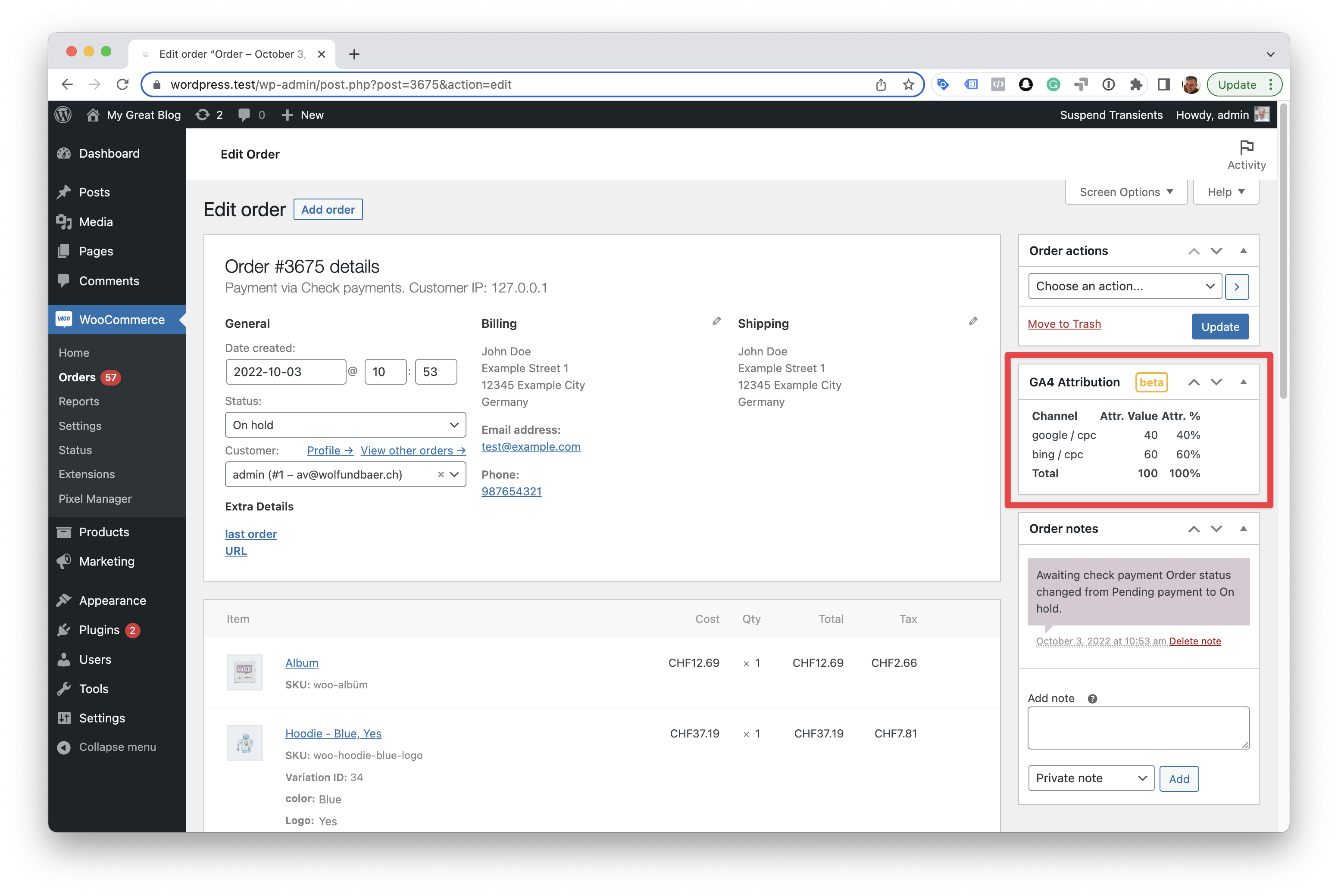 Order window with GA4 order attribution enabled