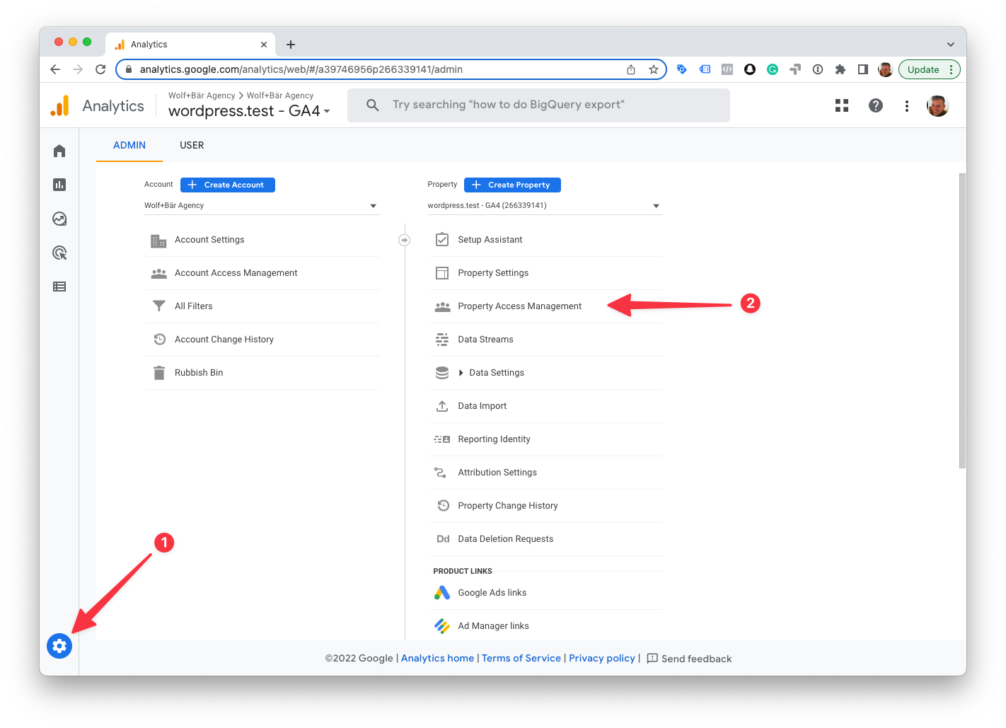 GA4 admin settings property access management window