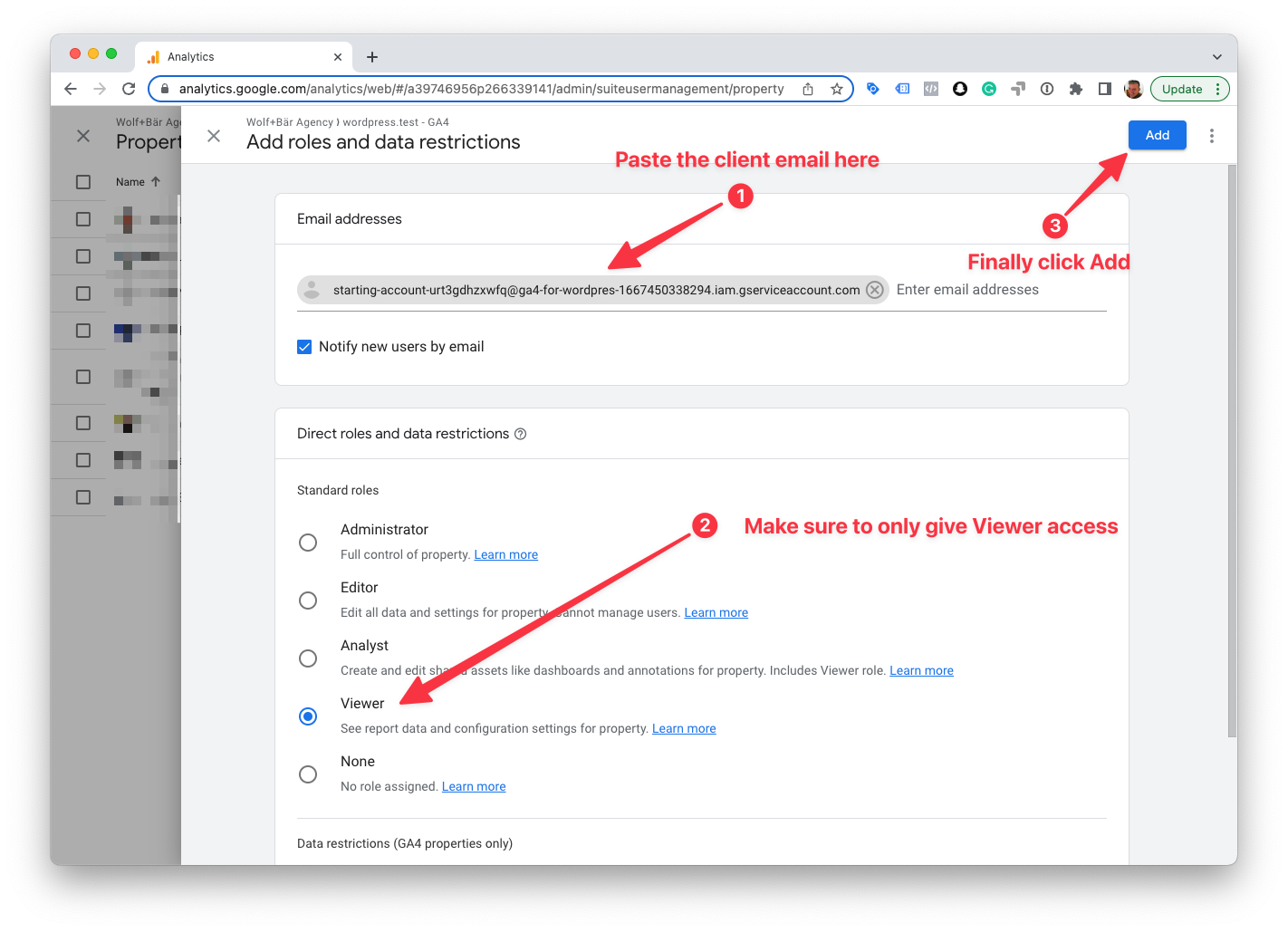 GA4 admin settings property access management add new user settings