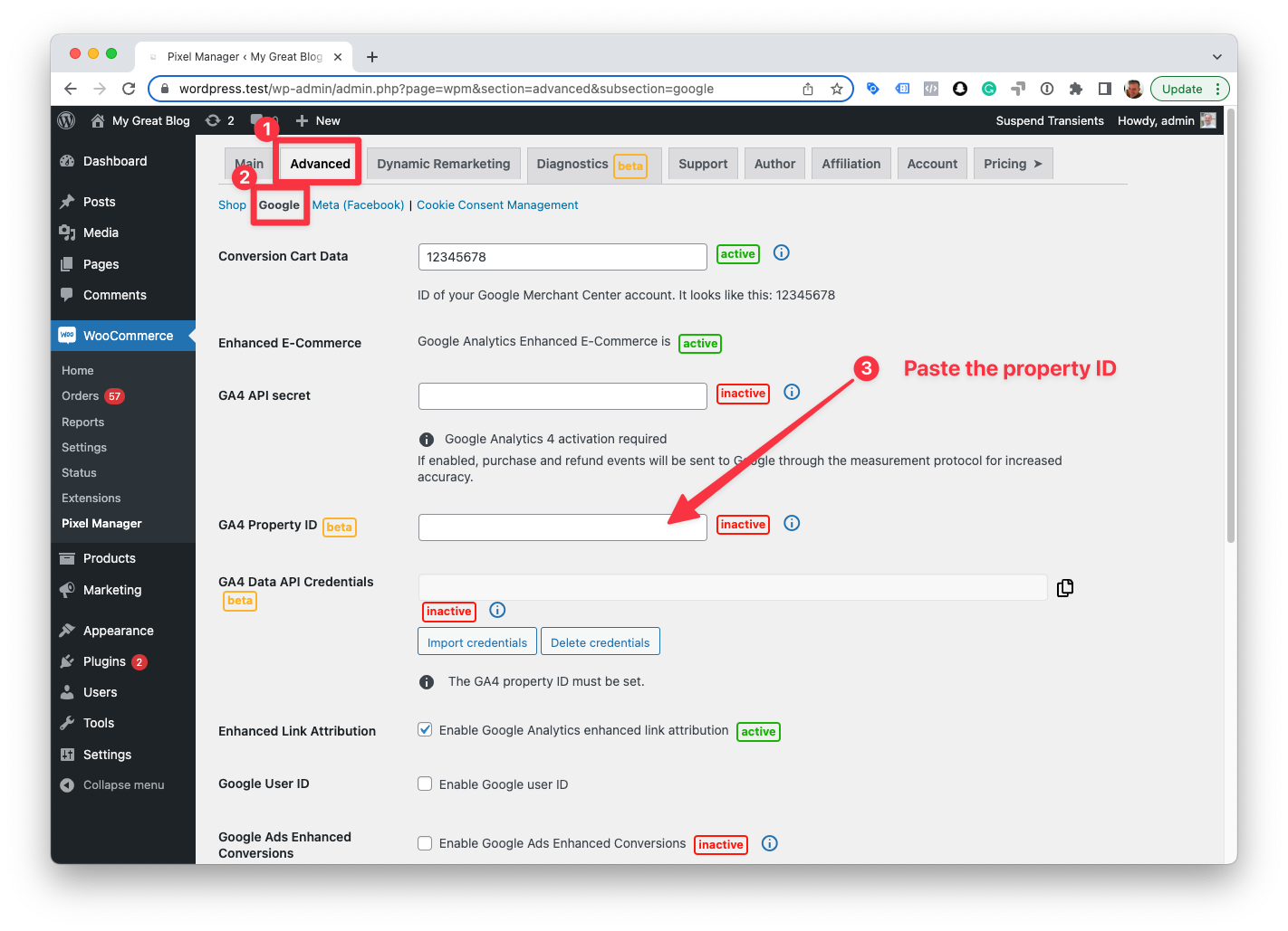 Paste the GA4 property into the Pixel Manager