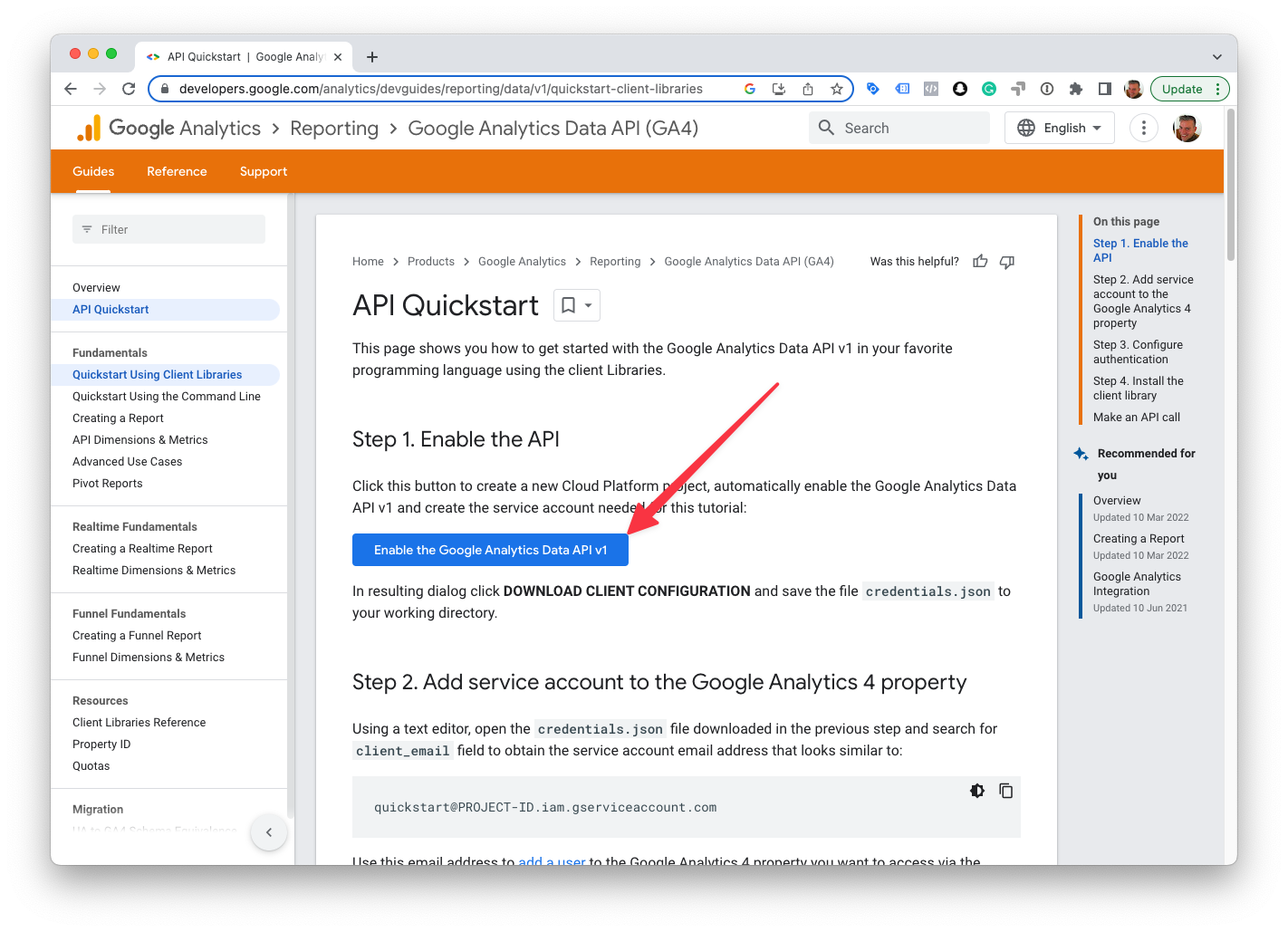 Click the &#39;Enable the Google Analytics Data API v1&#39; button