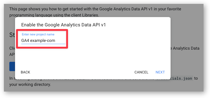 GA4 Data API credentials project prompt