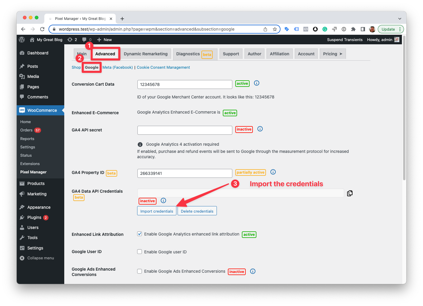 Pixel Manager GA4 credentials import settings