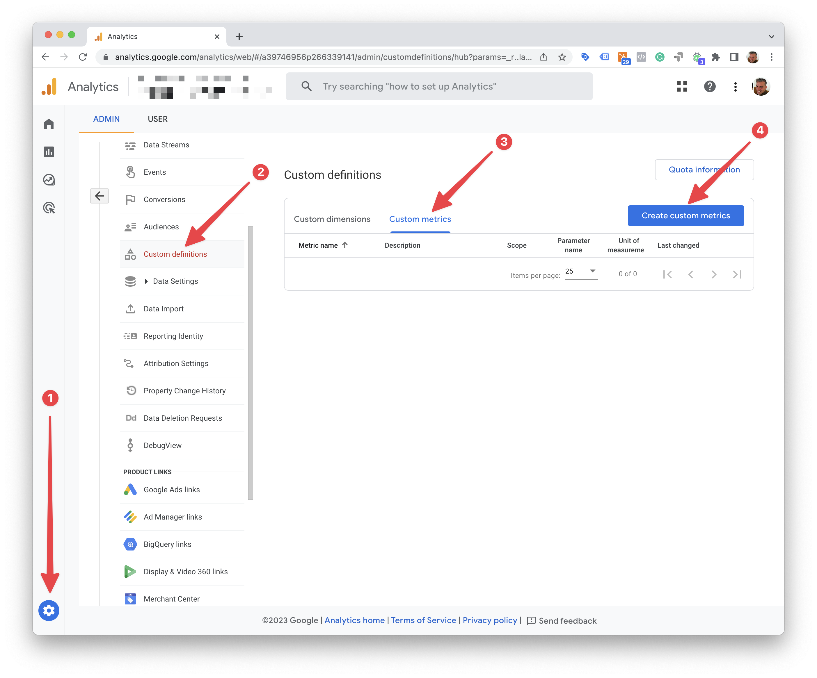 GA4 page load time tracking creating the custom metric step 1