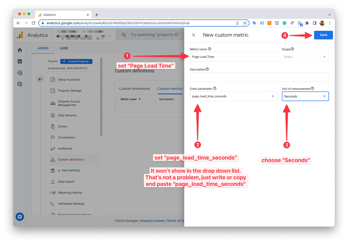 GA4 page load time tracking creating the custom metric step 2