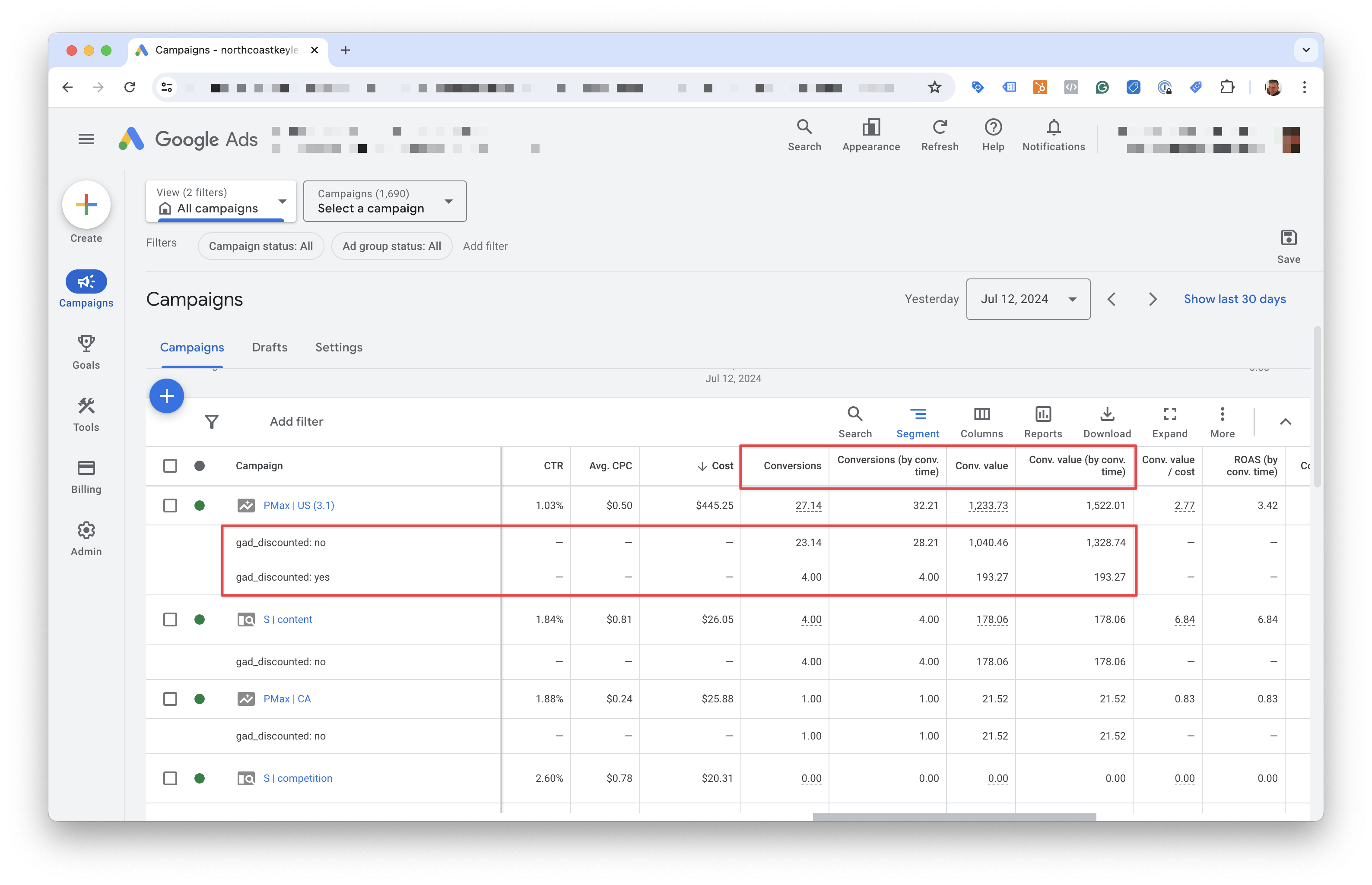 Google Ads Custom Variable segmentation report