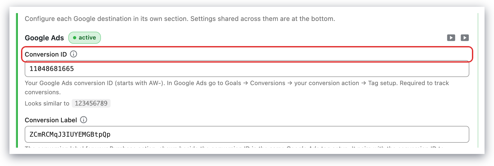 Google Ads paste conversion ID and label