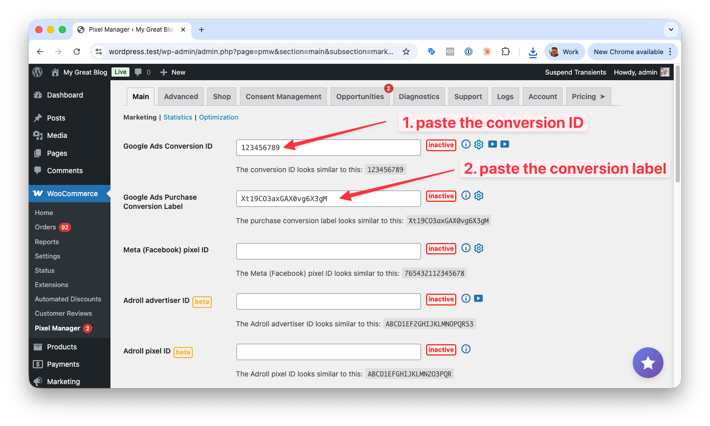 Google Ads paste conversion ID and label