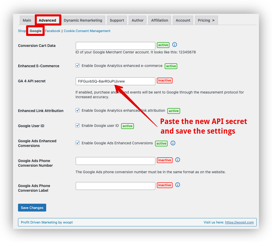 GA4 paste the API secret into the Pixel Manager