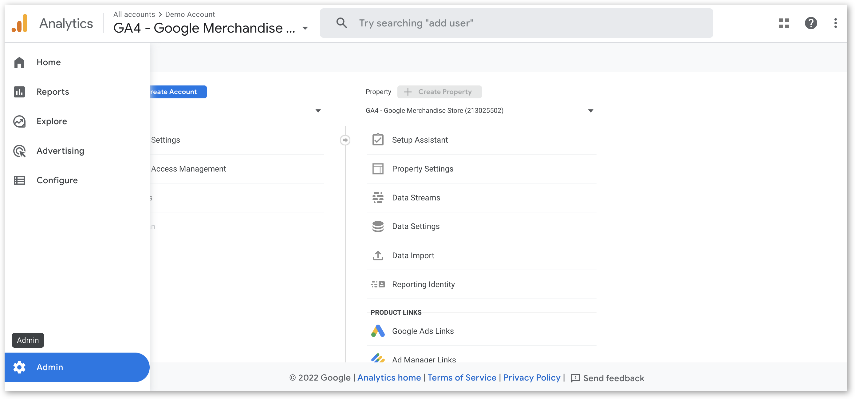 Admin page for Google Analytics 4 property