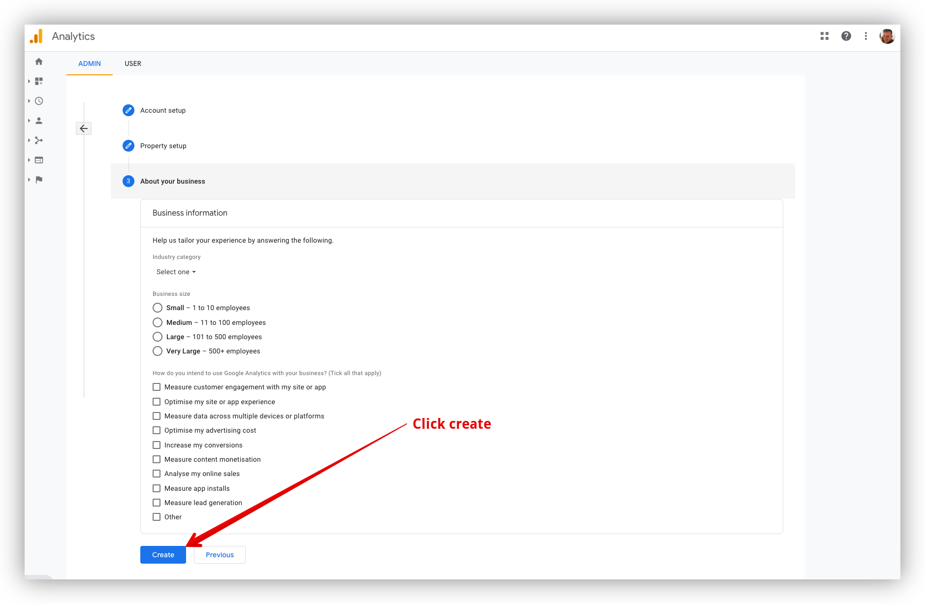 Click &#39;Create&#39; after you fill in important information about your property