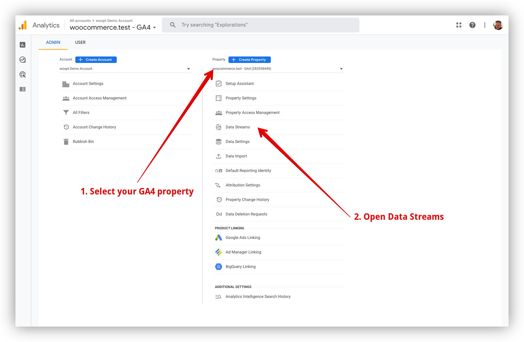 Select your GA4 property and open data streams