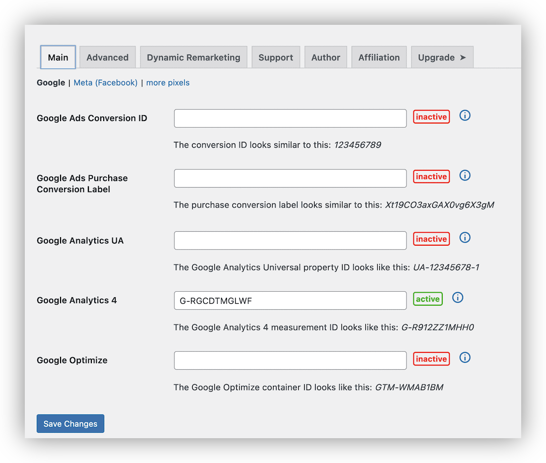 The Pixel Manager for WooCommerce Main tab, showing two Google Ads credentials fields