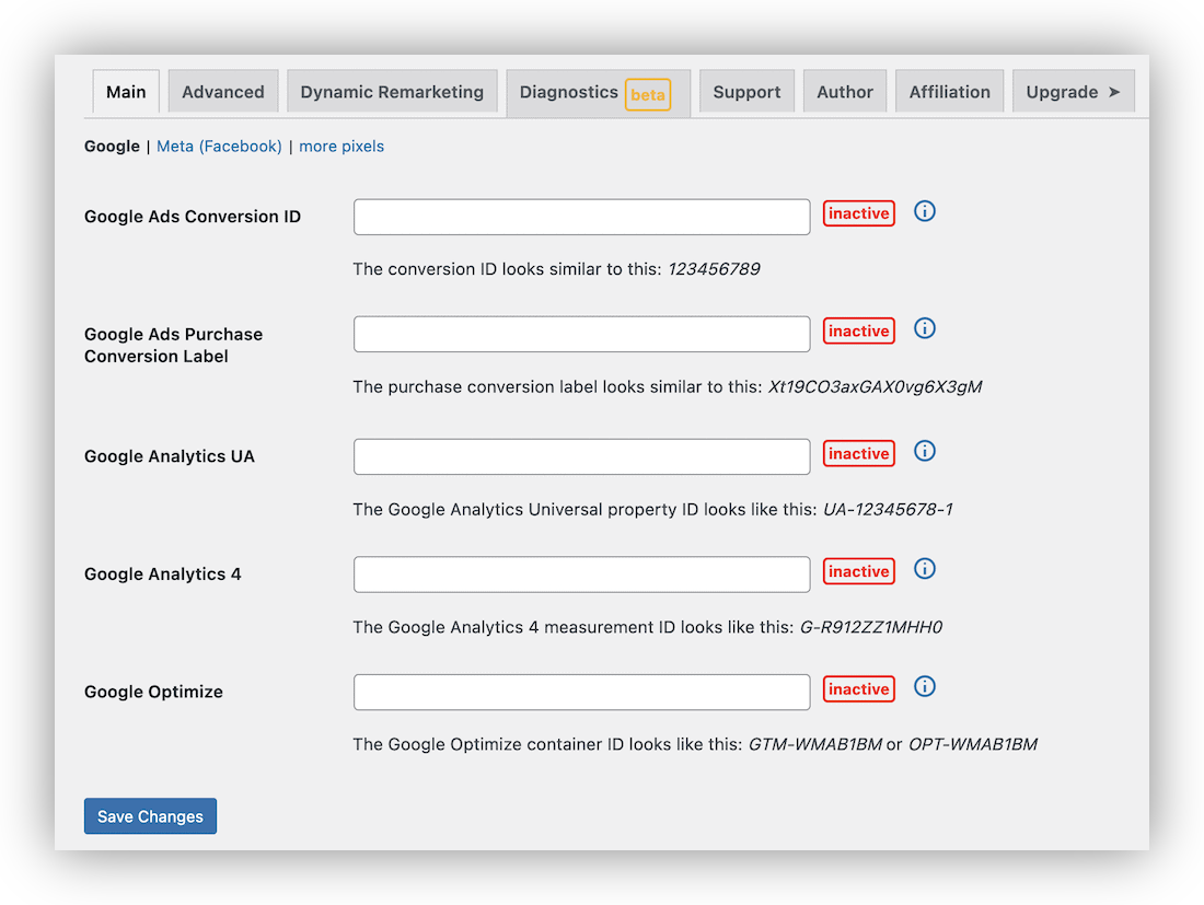 The main Pixel Manager screen within WordPress