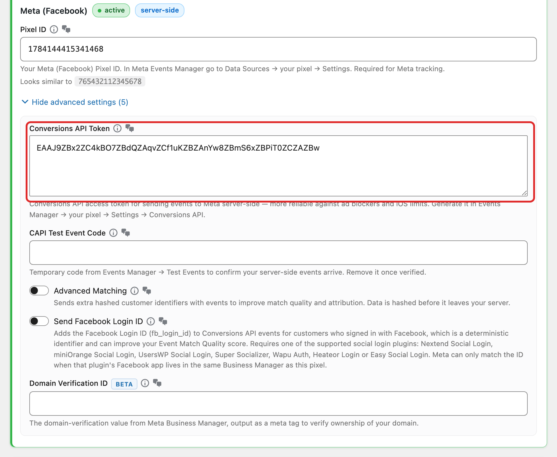 Adding the Conversions API token to the Meta card in the Pixel Manager