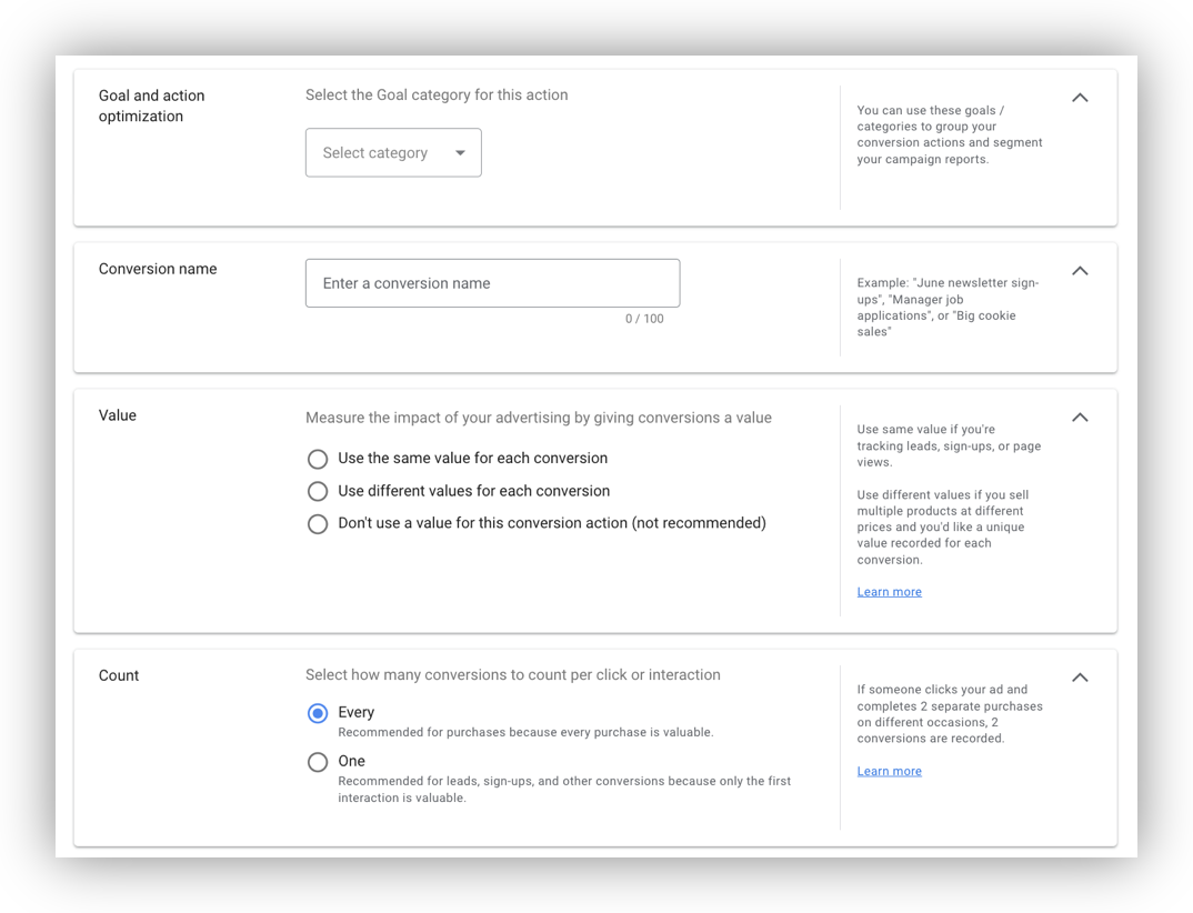 configure the Google Ads conversion settings