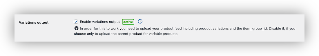 The Variations Output option within Pixel Manager for WooCommerce