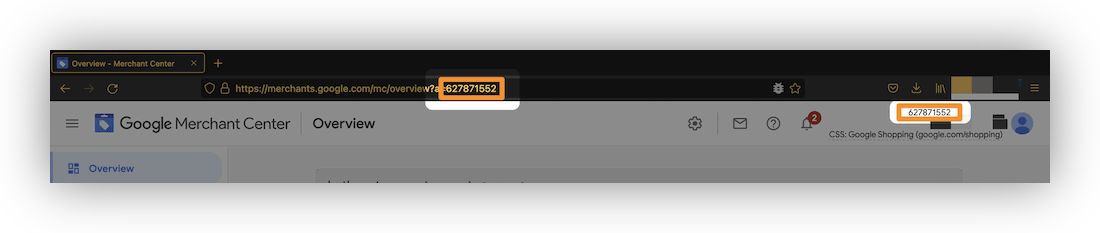 The main google Merchant Center page, showing the ID in the right-hand corner and in the URL