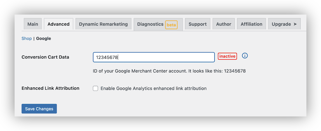 The Advanced &gt; Google screen in WordPress, showing a complete Conversion Cart Data field