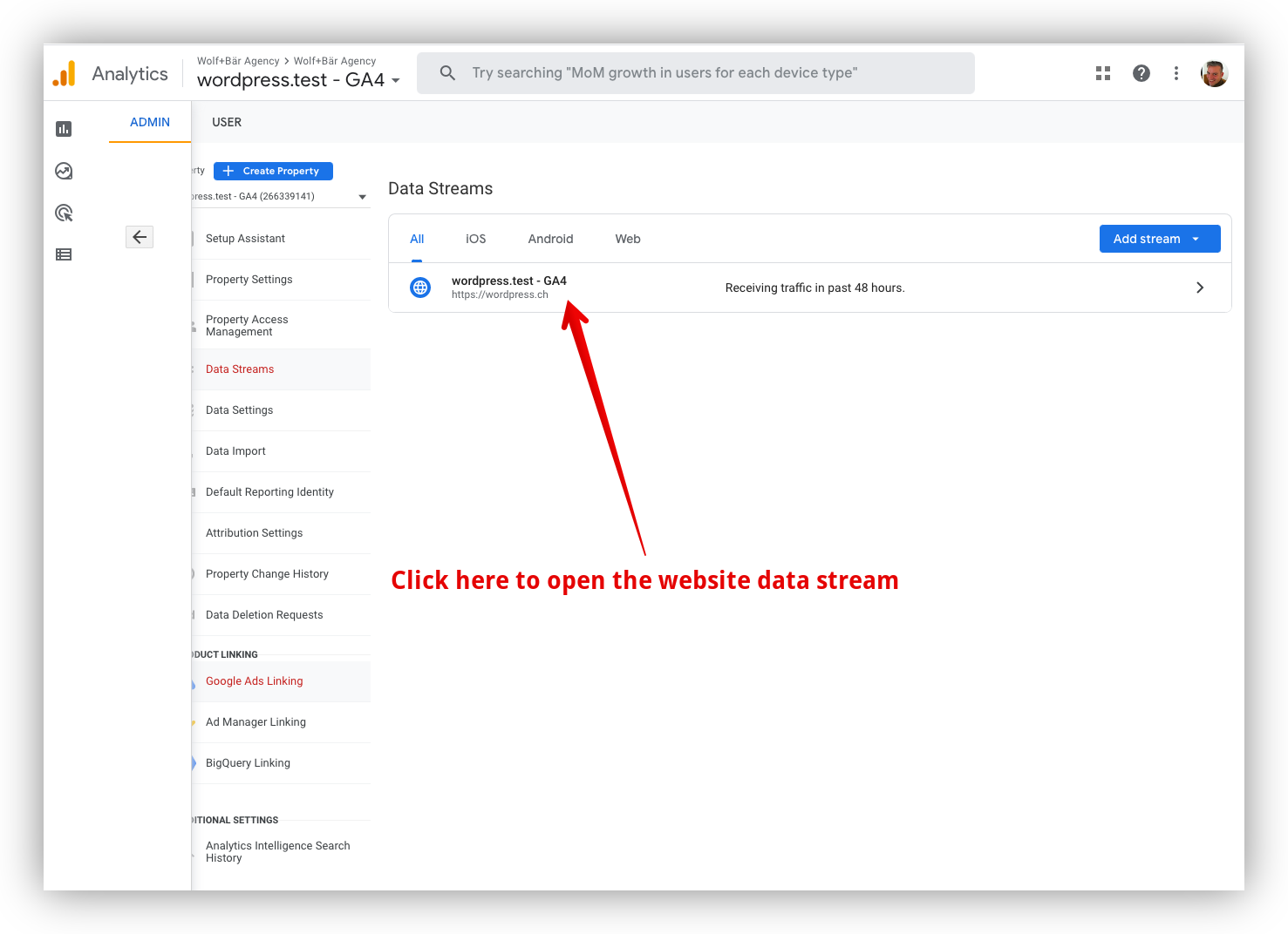 Open the website data stream