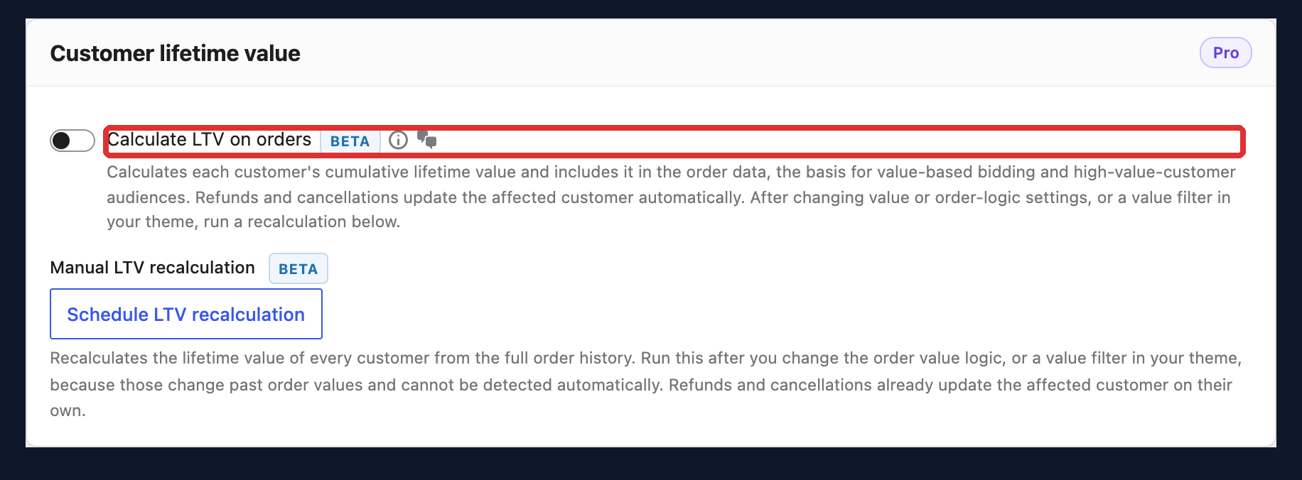 ltv calculation setting