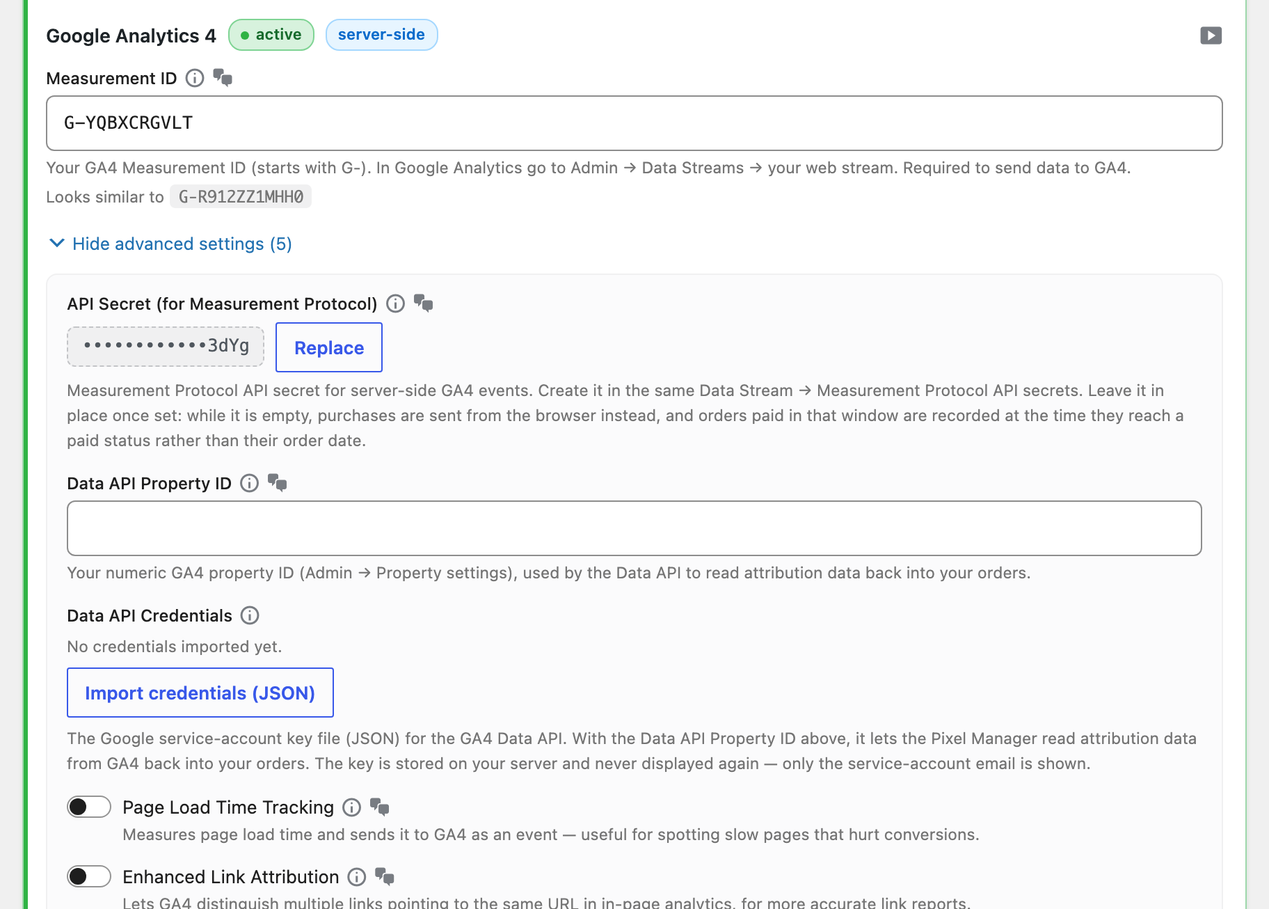 The advanced Google Analytics 4 settings in the Pixel Manager