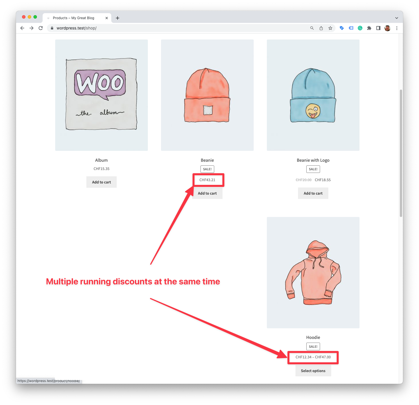 Multiple products on shop page showing discounted prices