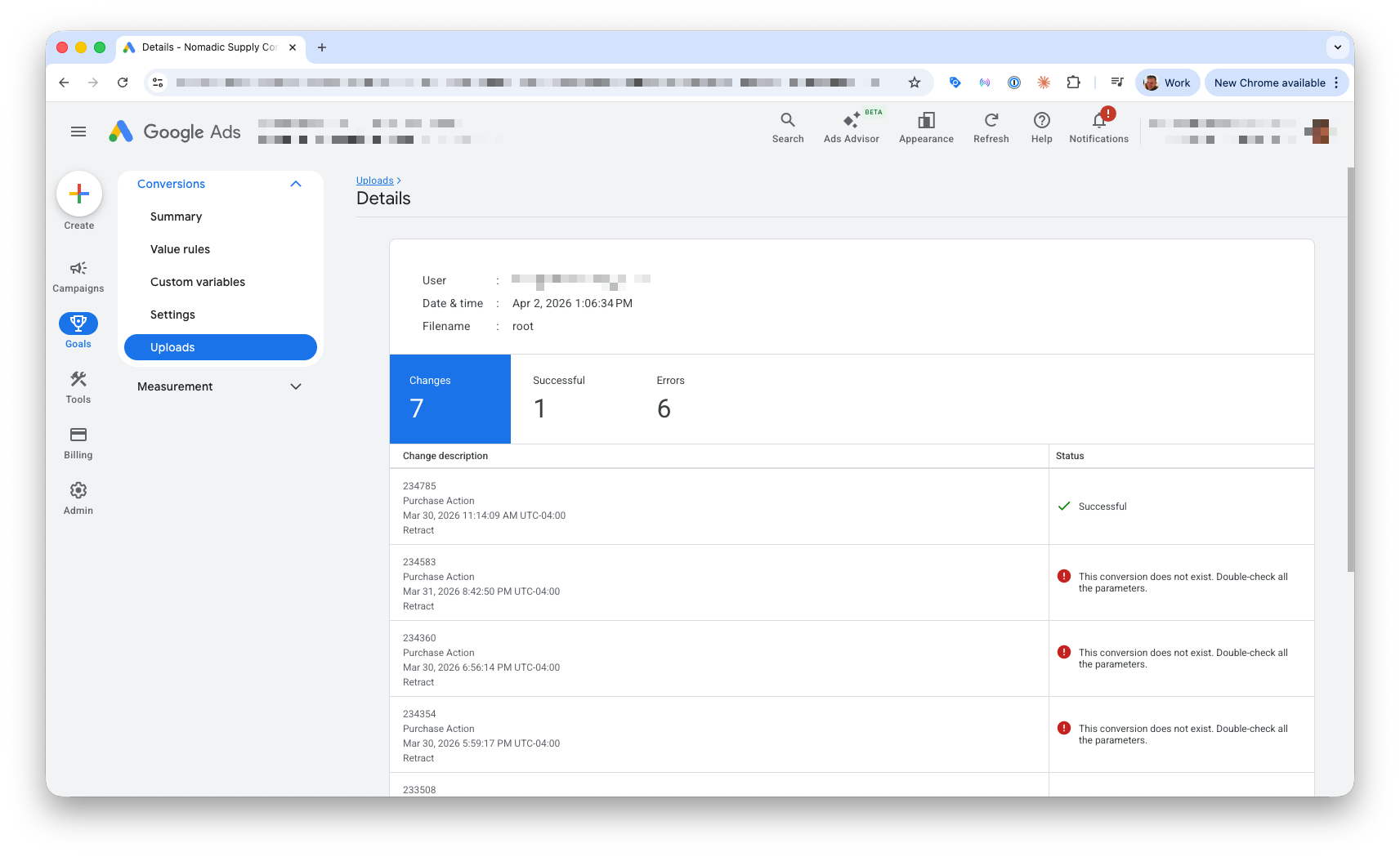 Google Ads upload report showing 7 changes, 1 successful and 6 errors, which is expected behavior